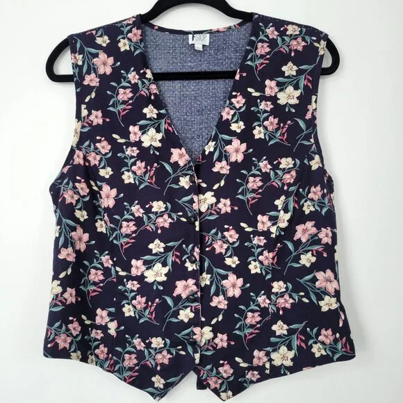 Vintage 90s FSTOP 2 Piece Navy Floral Maxi Button Front Skirt & Matching Vest - Picture 3 of 14